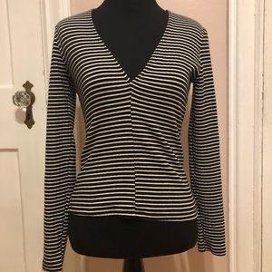 White and Black Striped long sleeve v neck